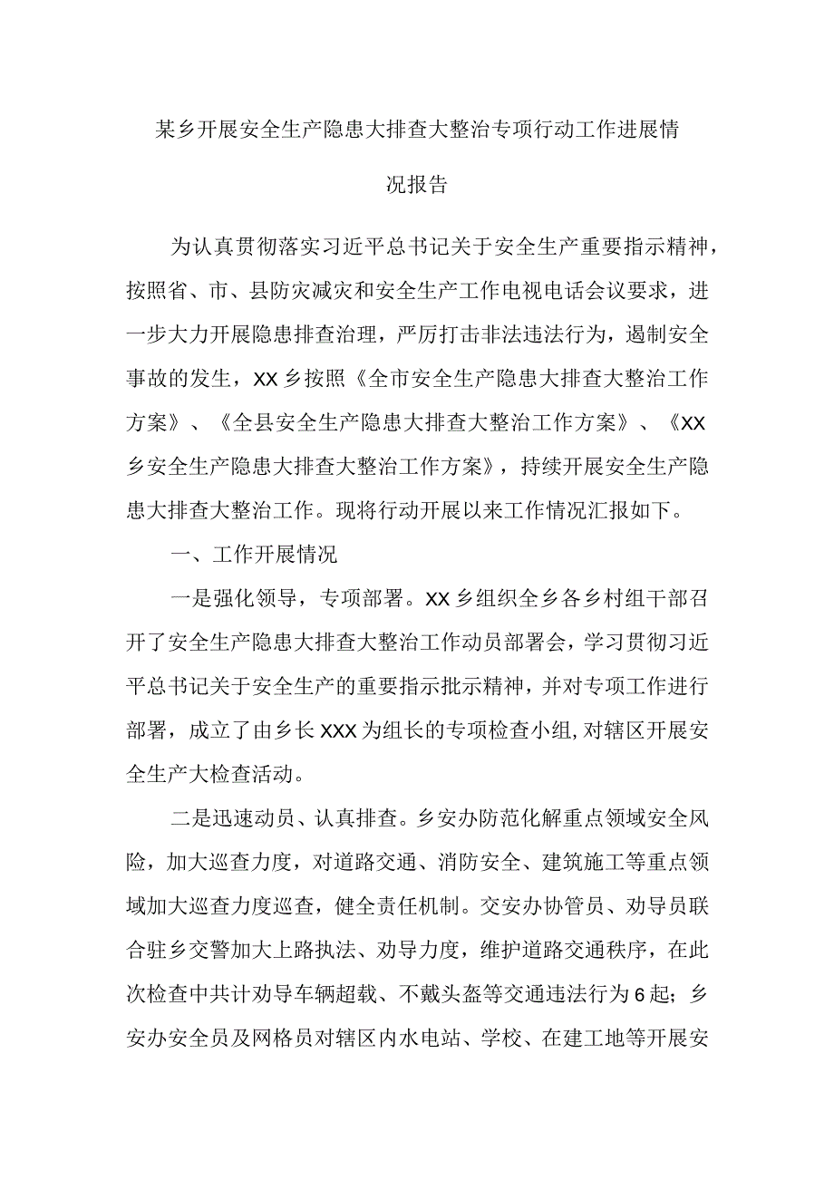 某乡开展安全生产隐患大排查大整治专项行动工作进展情况报告.docx_第1页