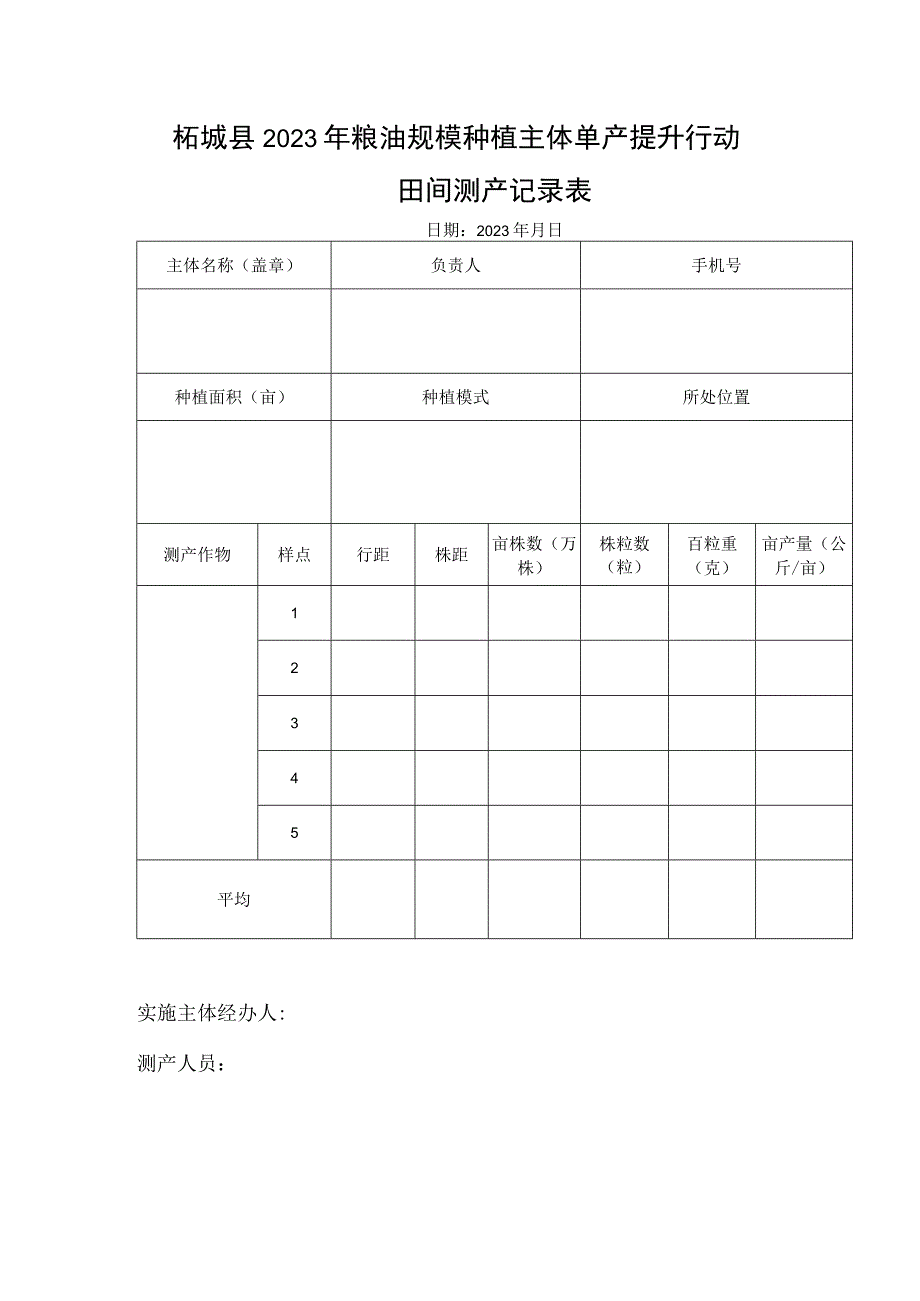 柘城县2023年粮油规模种植主体单产提升行动田间测产记录表.docx_第1页