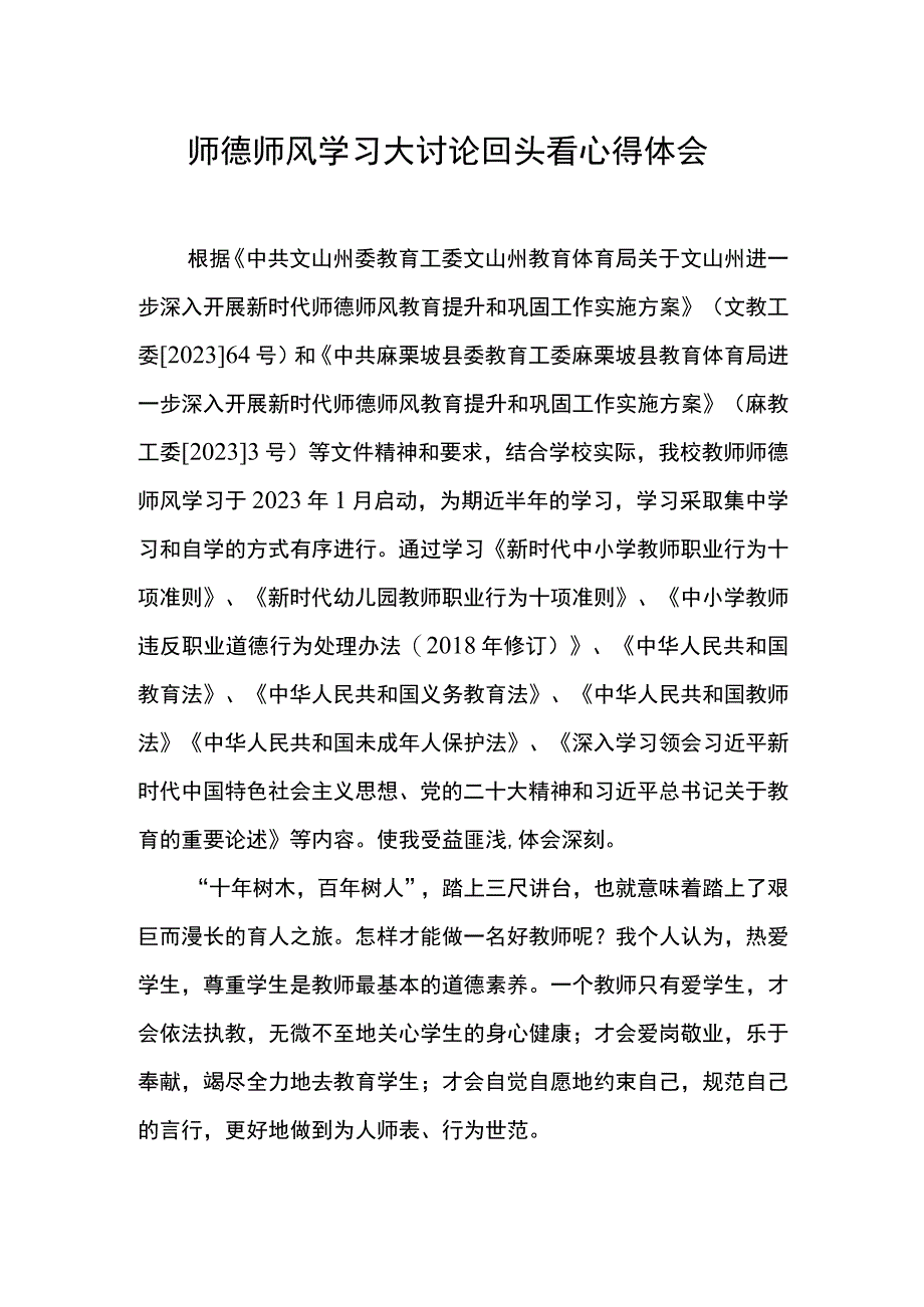 师德师风学习大讨论回头看心得体会.docx_第1页