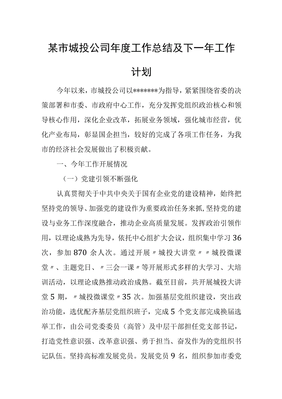 某市城投公司年度工作总结及下一年工作计划.docx_第1页