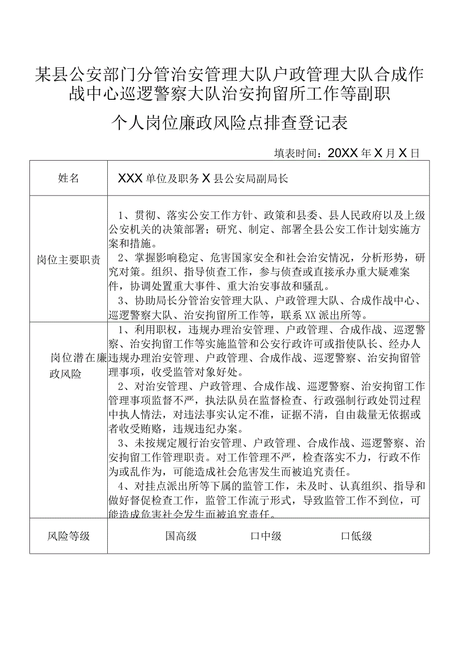 某县公安部门分管治安管理大队户政管理大队合成作战中心巡逻警察大队治安拘留所工作等副职个人岗位廉政风险点排查登记表.docx_第1页