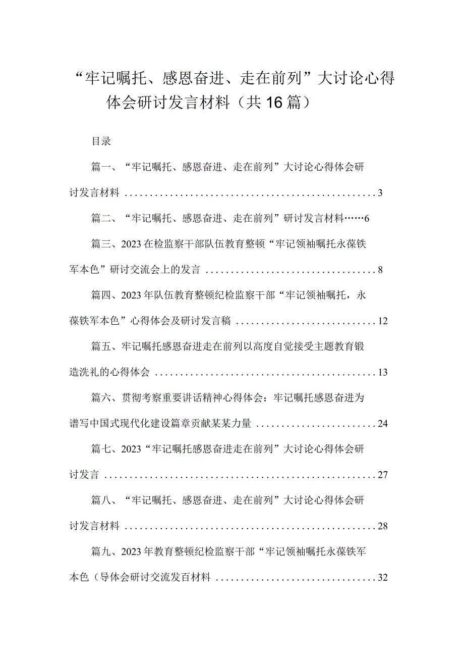 2023“牢记嘱托、感恩奋进、走在前列”大讨论心得体会研讨发言材料(通用精选16篇).docx_第1页