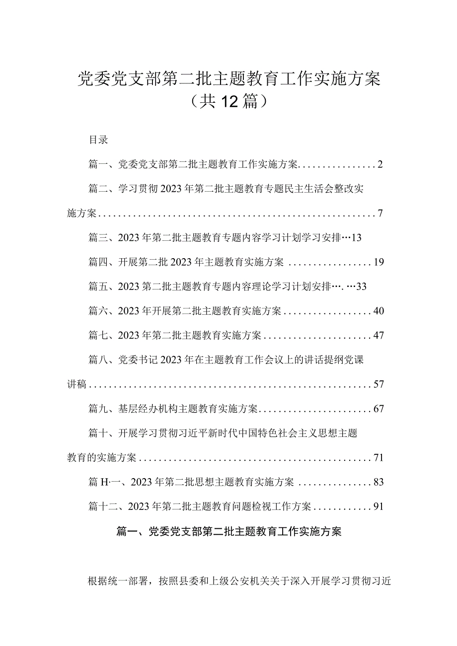 2023党委党支部第二批主题教育工作实施方案（共12篇）.docx_第1页