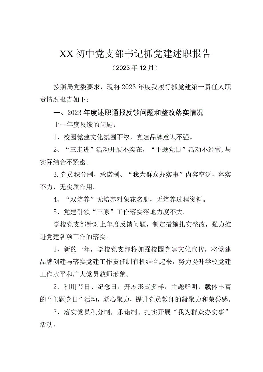 XX初中党支部书记抓党建述职报告(1).docx_第1页