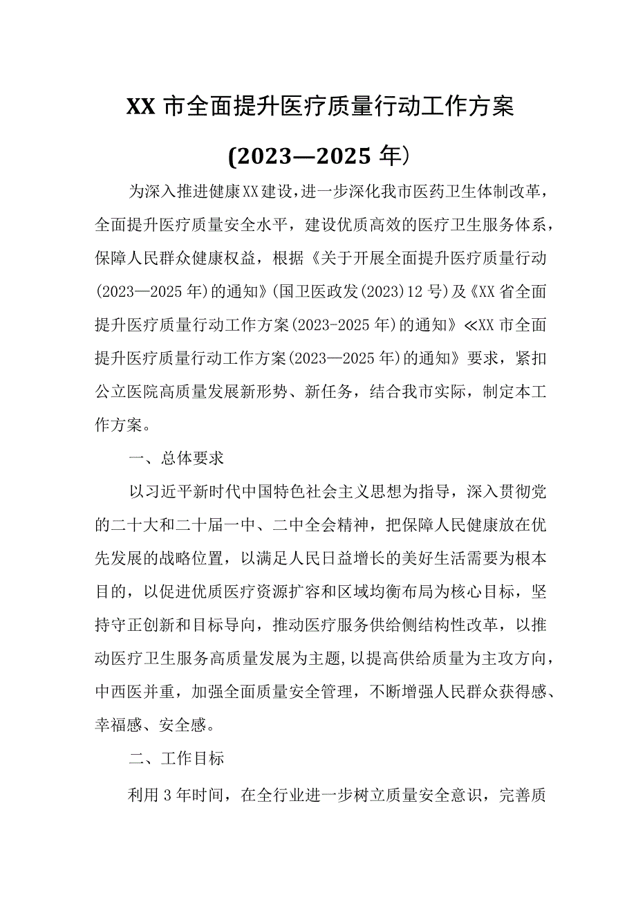 XX市全面提升医疗质量行动工作方案.docx_第1页