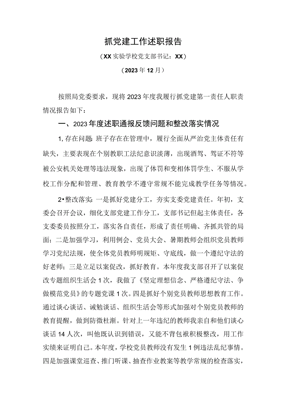 XX实验学校党支部书记抓党建工作述职报告.docx_第1页