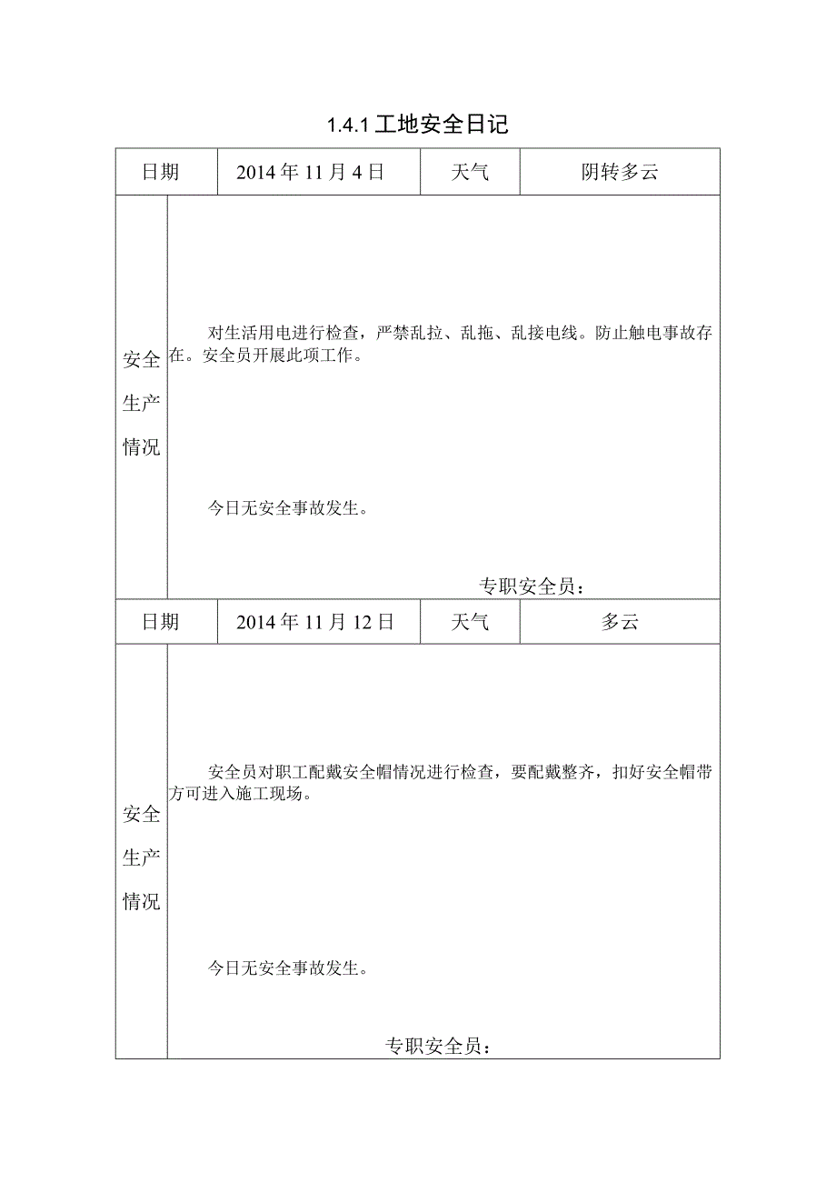 [施工资料]工地安全日记(3).docx_第1页