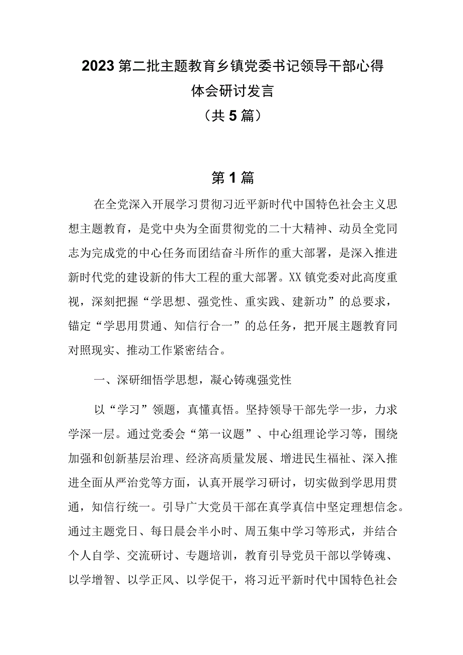 5篇2023第二批主题教育乡镇党委书记领导干部心得体会研讨发言.docx_第1页