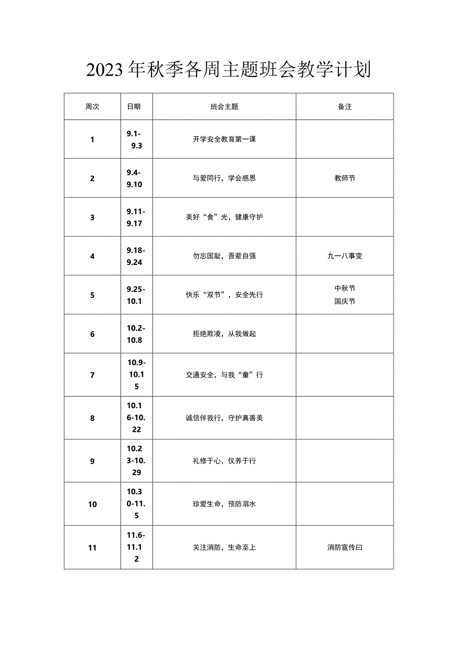 2023年秋季各周主题班会教学计划.docx_第1页