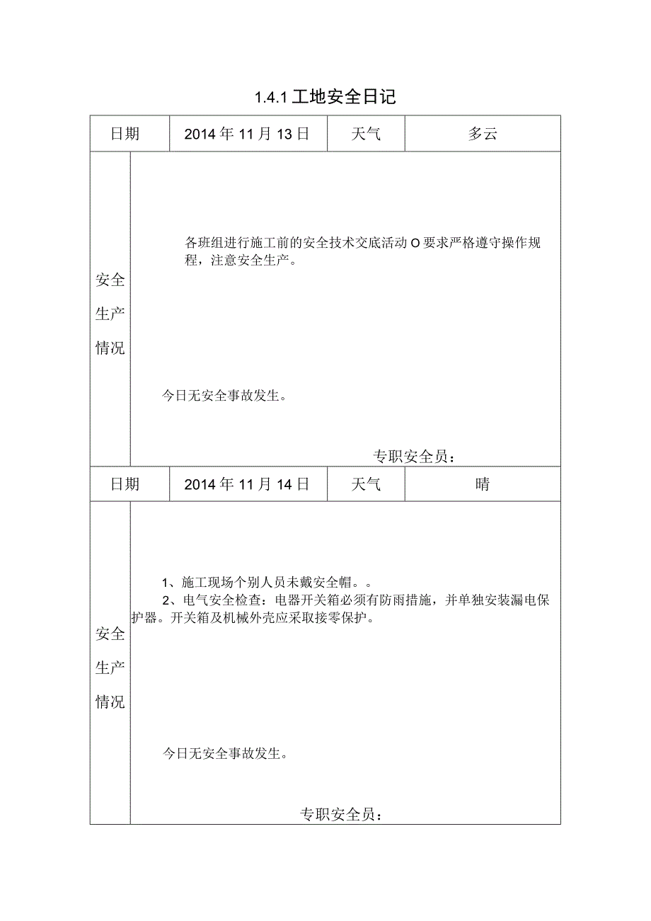 [施工资料]工地安全日记(4).docx_第1页