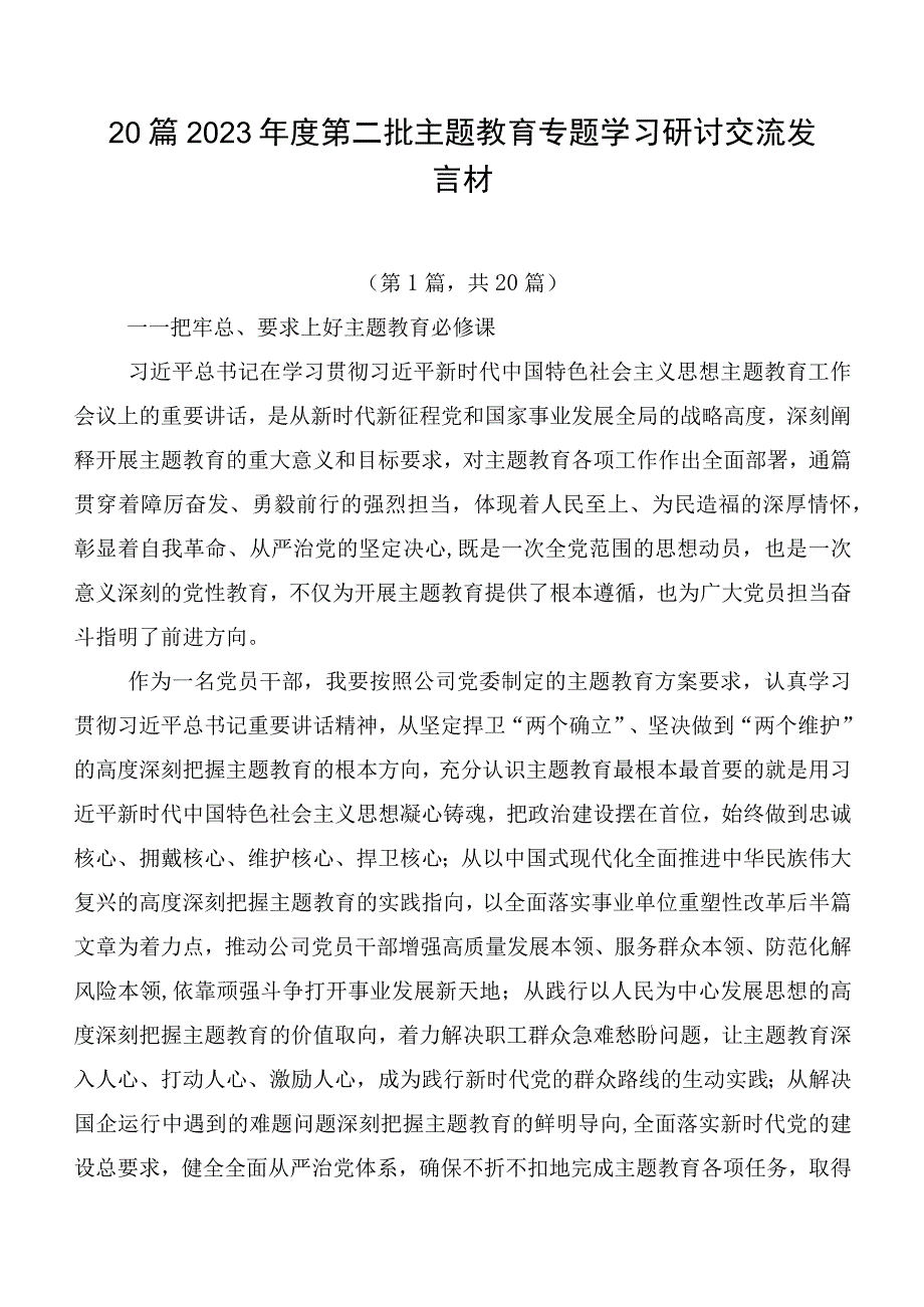 20篇2023年度第二批主题教育专题学习研讨交流发言材.docx_第1页