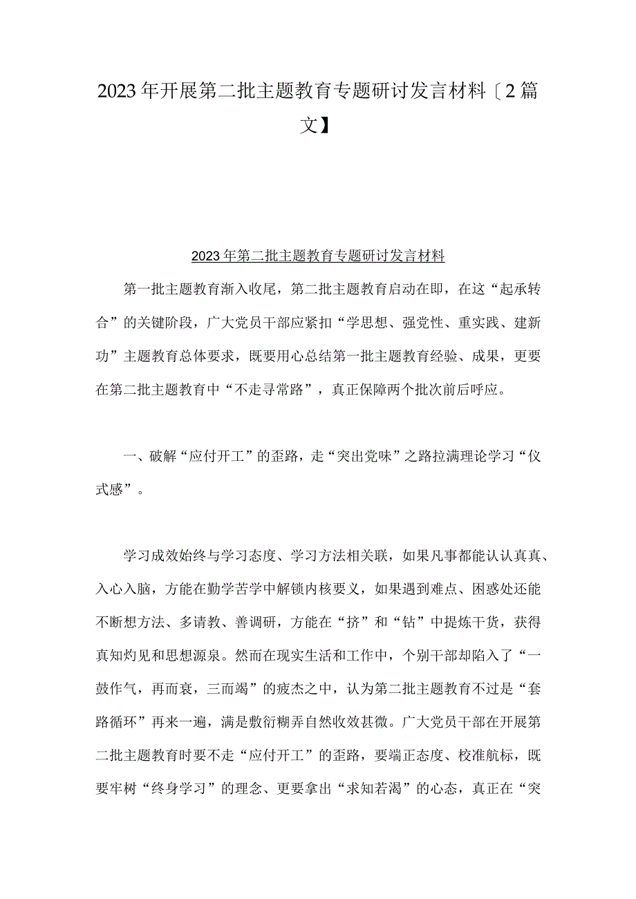 2023年开展第二批主题教育专题研讨发言材料【2篇文】.docx_第1页