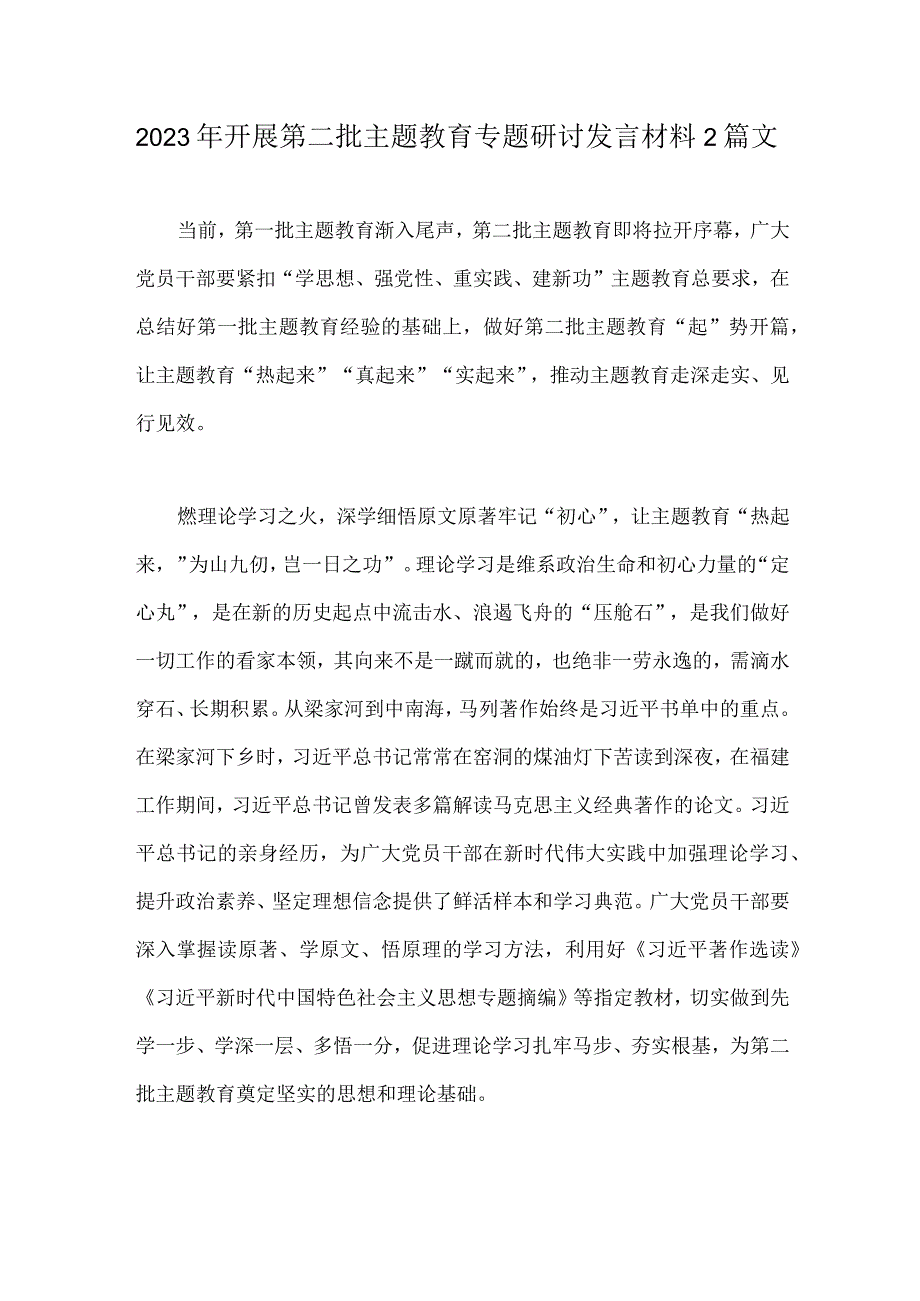 2023年开展第二批主题教育专题研讨发言材料2篇文.docx_第1页