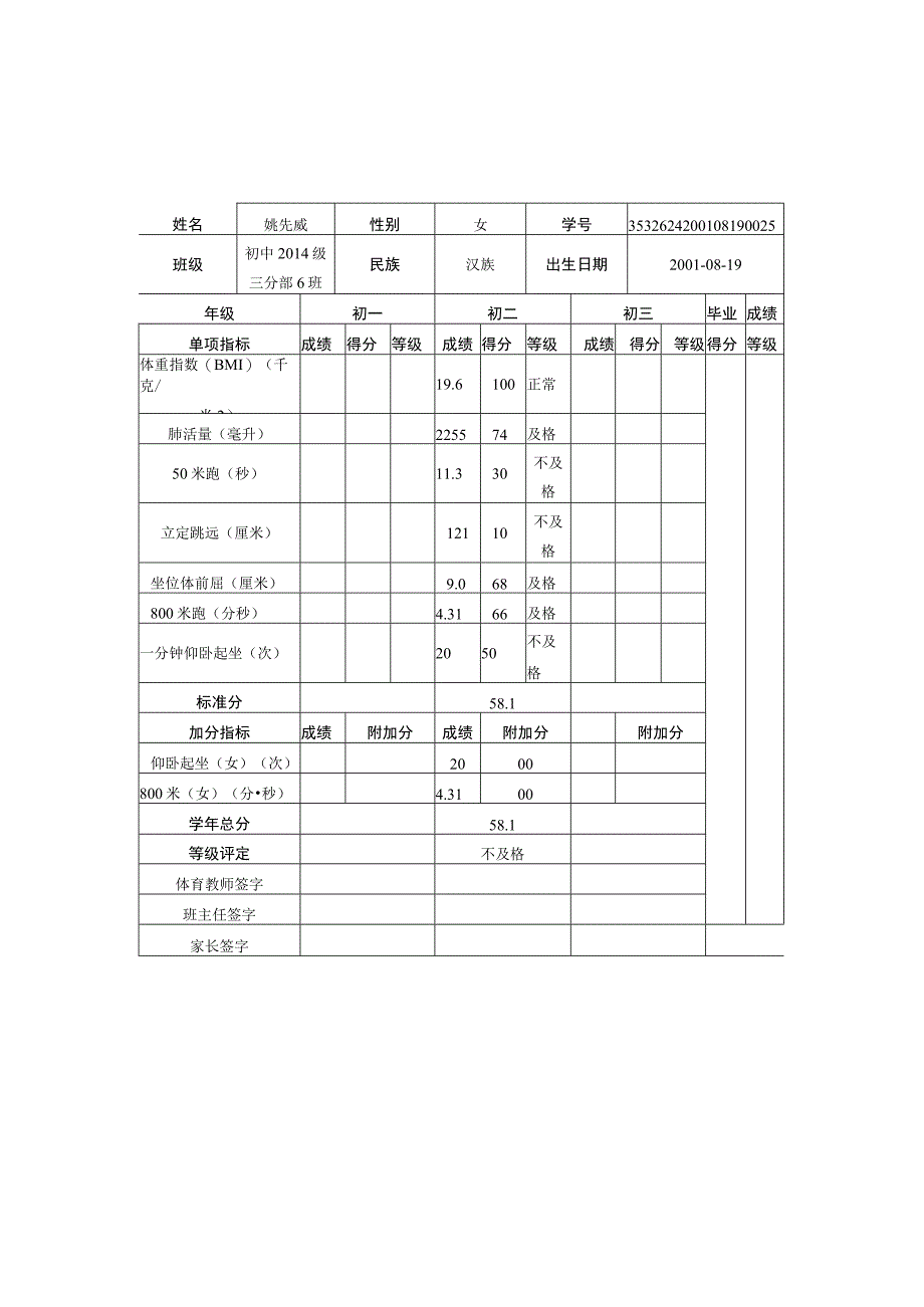 《国家学生体质健康标准》登记卡（初中样表）.docx_第1页