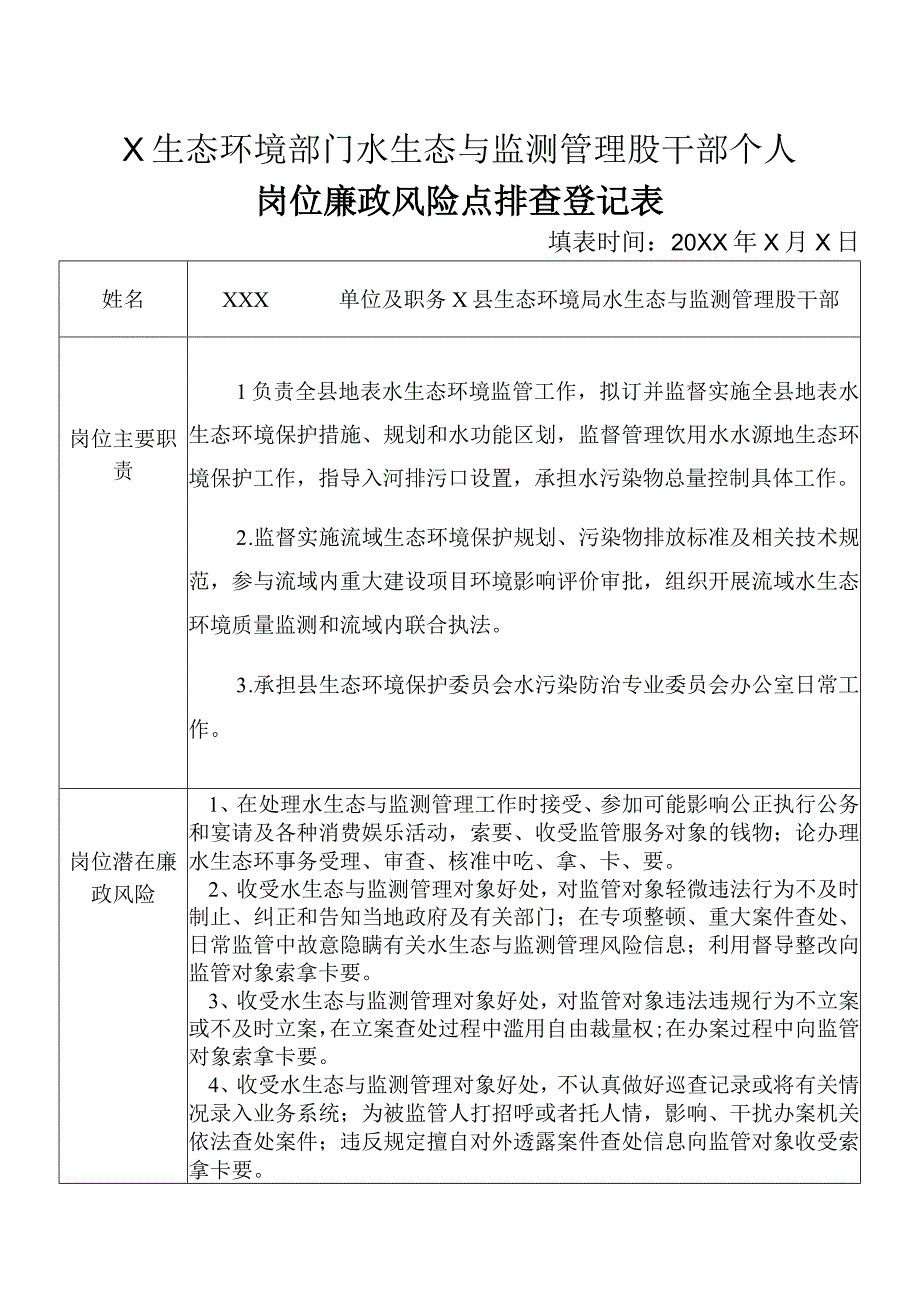 X县生态环境部门水生态与监测管理股干部个人岗位廉政风险点排查登记表.docx_第1页