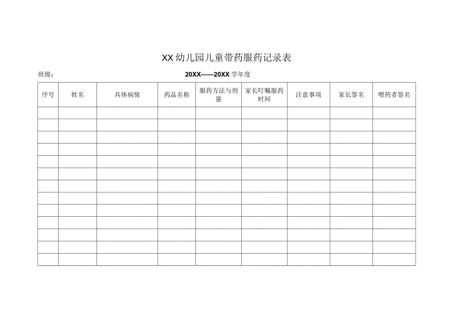 XX幼儿园儿童带药服药记录表模板.docx_第1页