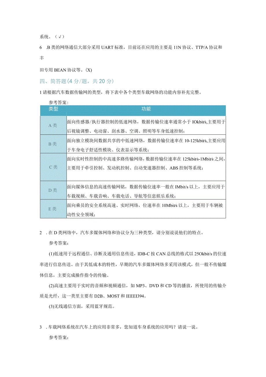 【习题】1-2 车载网络系统分类与应用认知（教师版）.docx_第3页