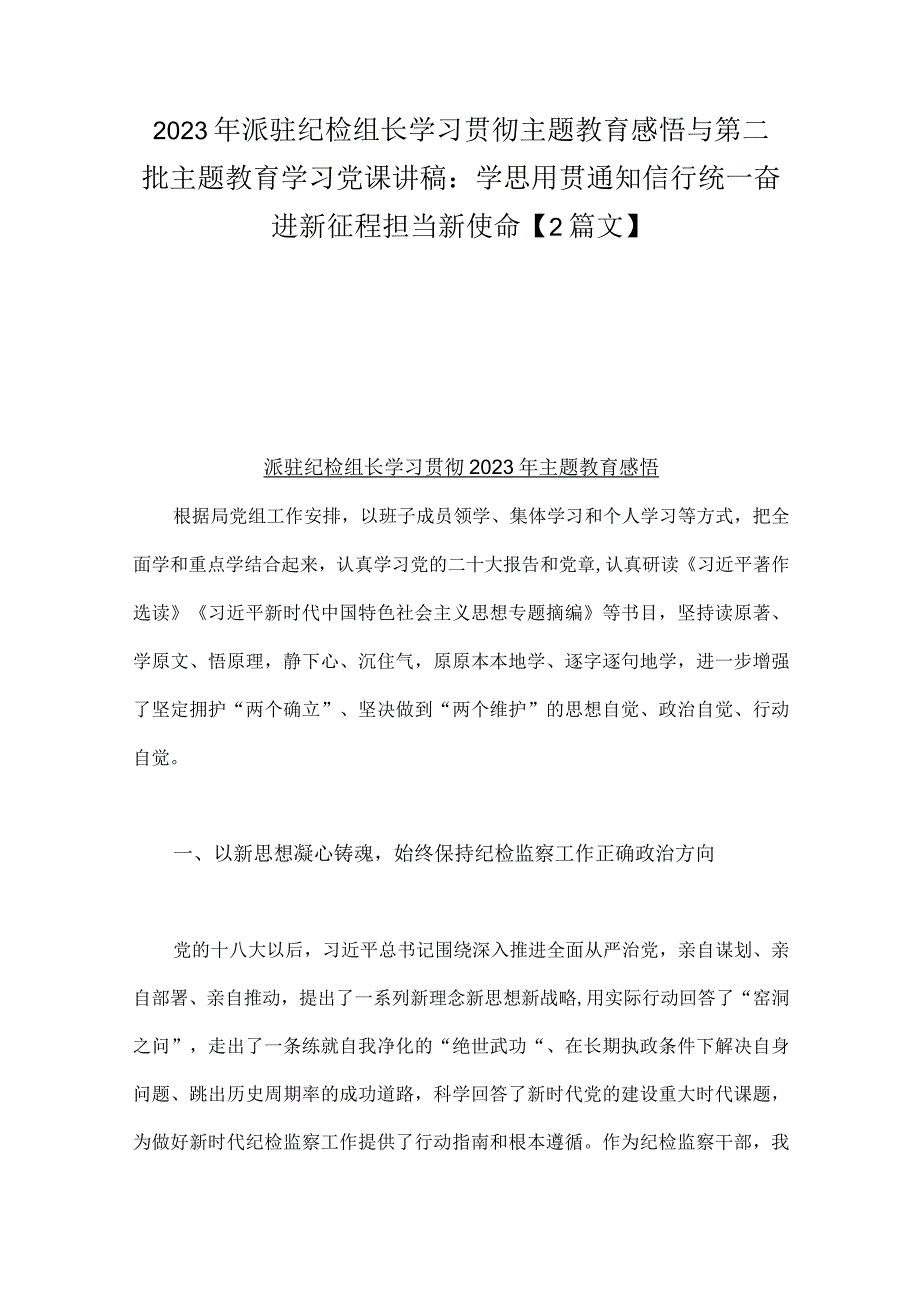 2023年派驻纪检组长学习贯彻主题教育感悟与第二批主题教育学习党课讲稿：学思用贯通知信行统一奋进新征程担当新使命【2篇文】.docx_第1页