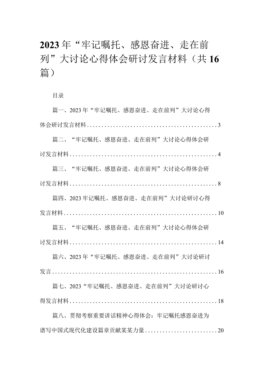 2023年“牢记嘱托、感恩奋进、走在前列”大讨论心得体会研讨发言材料最新版16篇合辑.docx_第1页