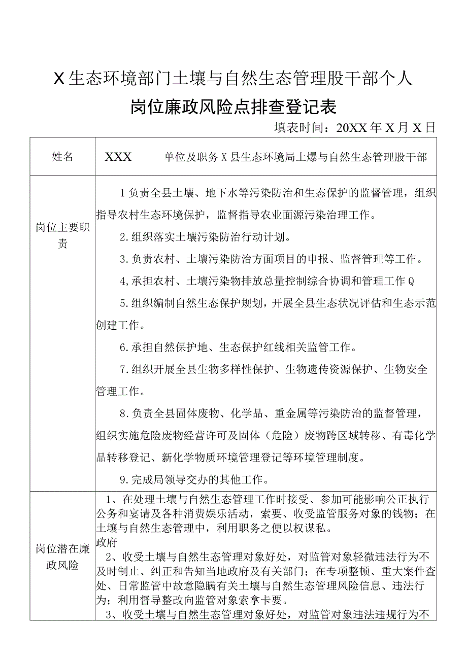 X县生态环境部门土壤与自然生态管理股干部个人岗位廉政风险点排查登记表.docx_第1页