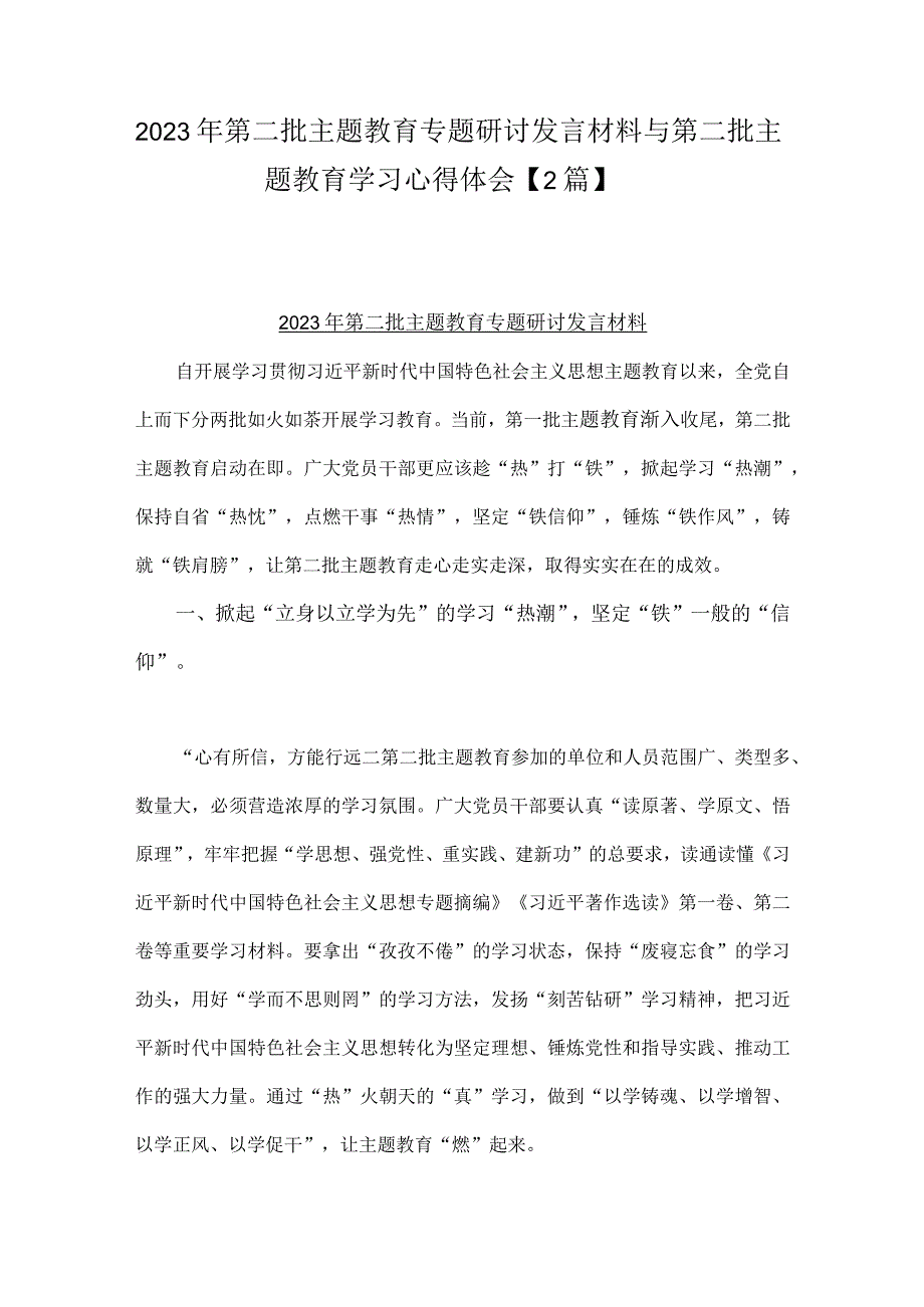 2023年第二批主题教育专题研讨发言材料与第二批主题教育学习心得体会【2篇】.docx_第1页