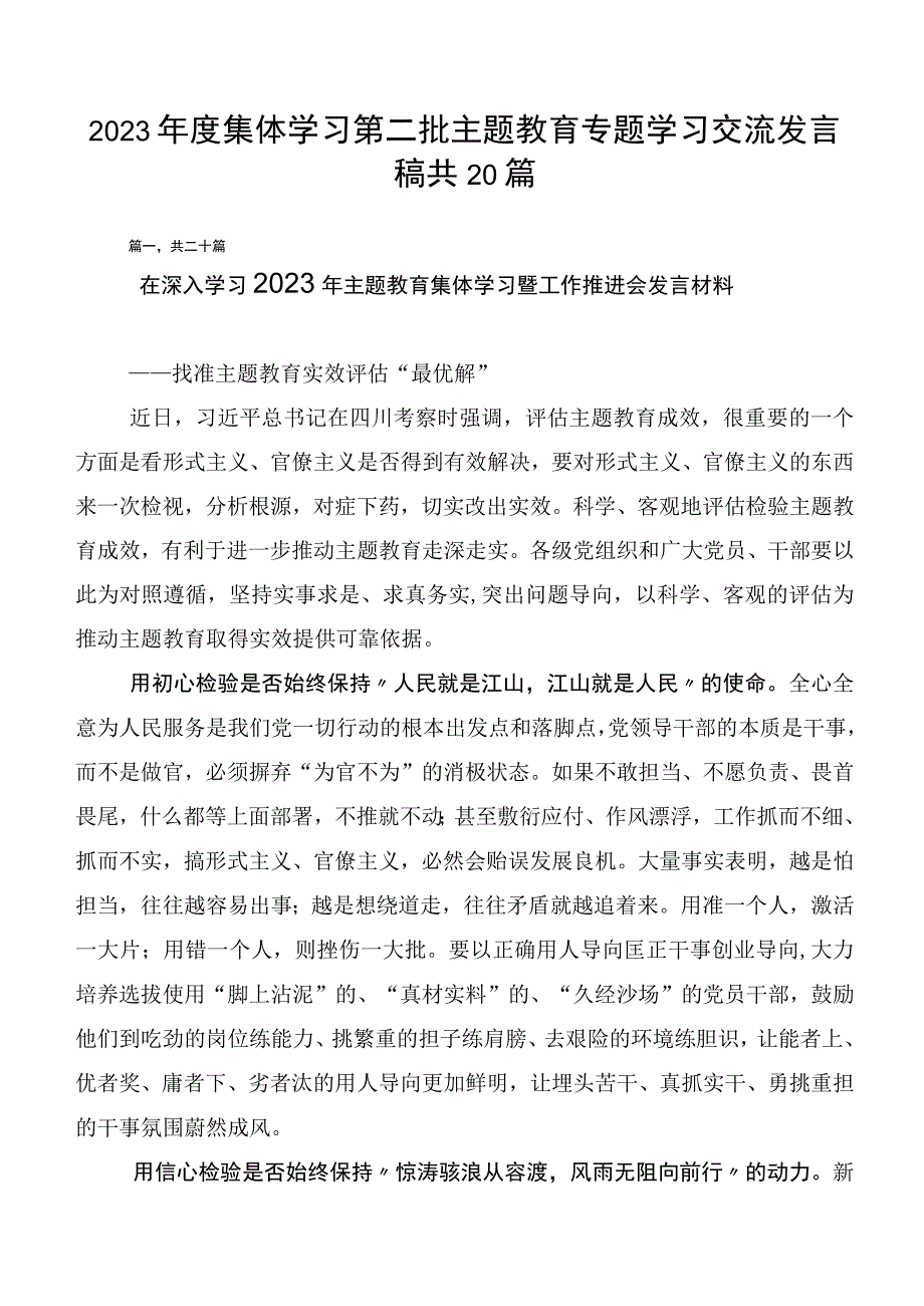 2023年度集体学习第二批主题教育专题学习交流发言稿共20篇.docx_第1页