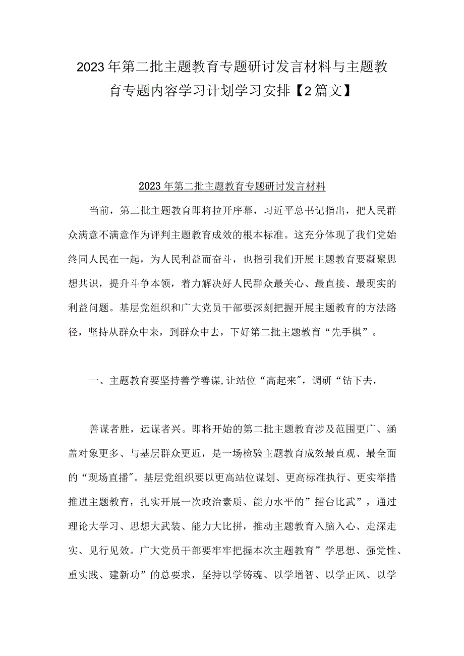 2023年第二批主题教育专题研讨发言材料与主题教育专题内容学习计划学习安排【2篇文】.docx_第1页