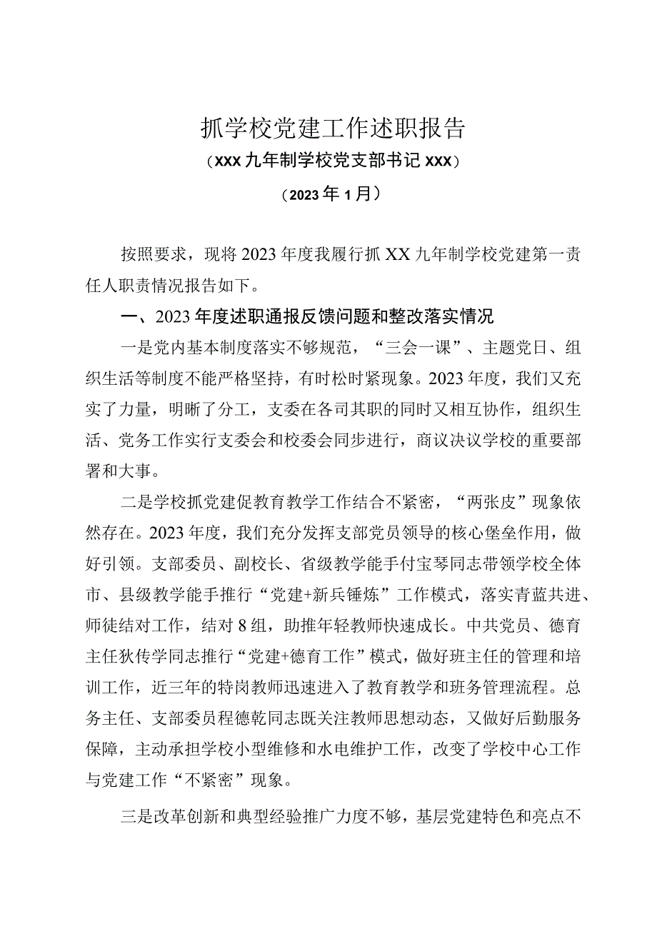 XXX九年制学校党支部书记抓党建述职报告.docx_第1页