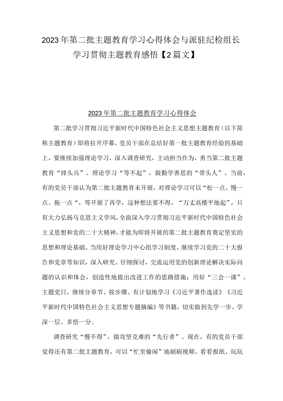 2023年第二批主题教育学习心得体会与派驻纪检组长学习贯彻主题教育感悟【2篇文】.docx_第1页