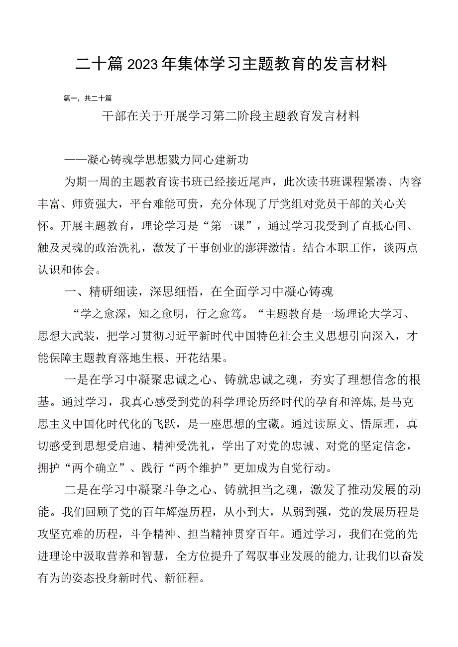 二十篇2023年集体学习主题教育的发言材料.docx_第1页