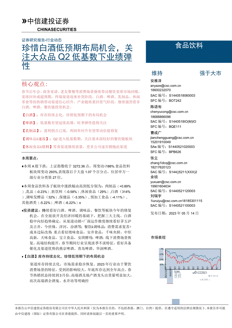 【酒行业报告】食品饮料行业：珍惜白酒低预期布局机会关注大众品Q2低基数下业绩弹性-20230514.docx_第1页