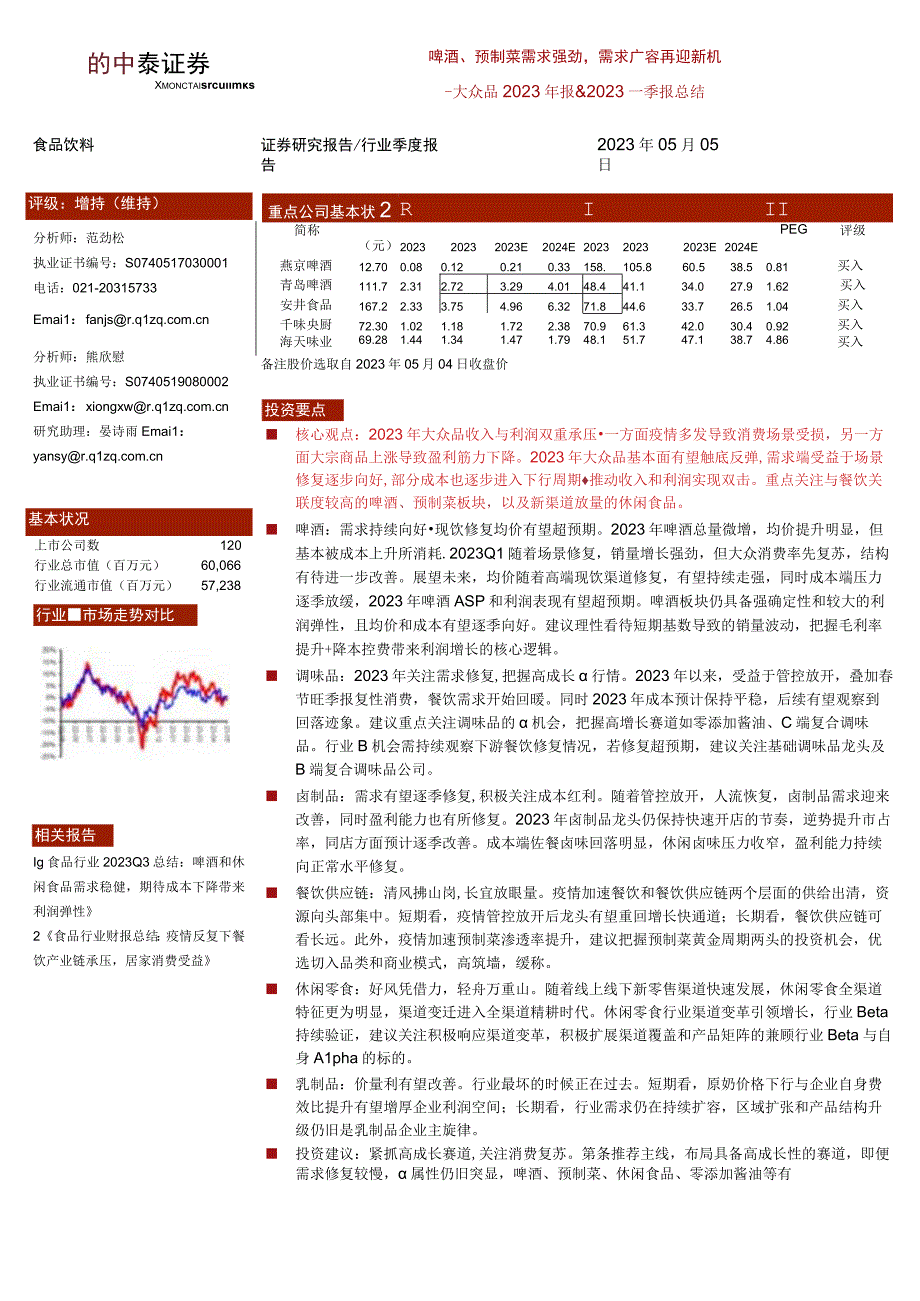 【酒行业报告】食品饮料行业大众品2022年报&2023一季报总结：啤酒、预制菜需求强劲需求扩容再迎.docx_第1页