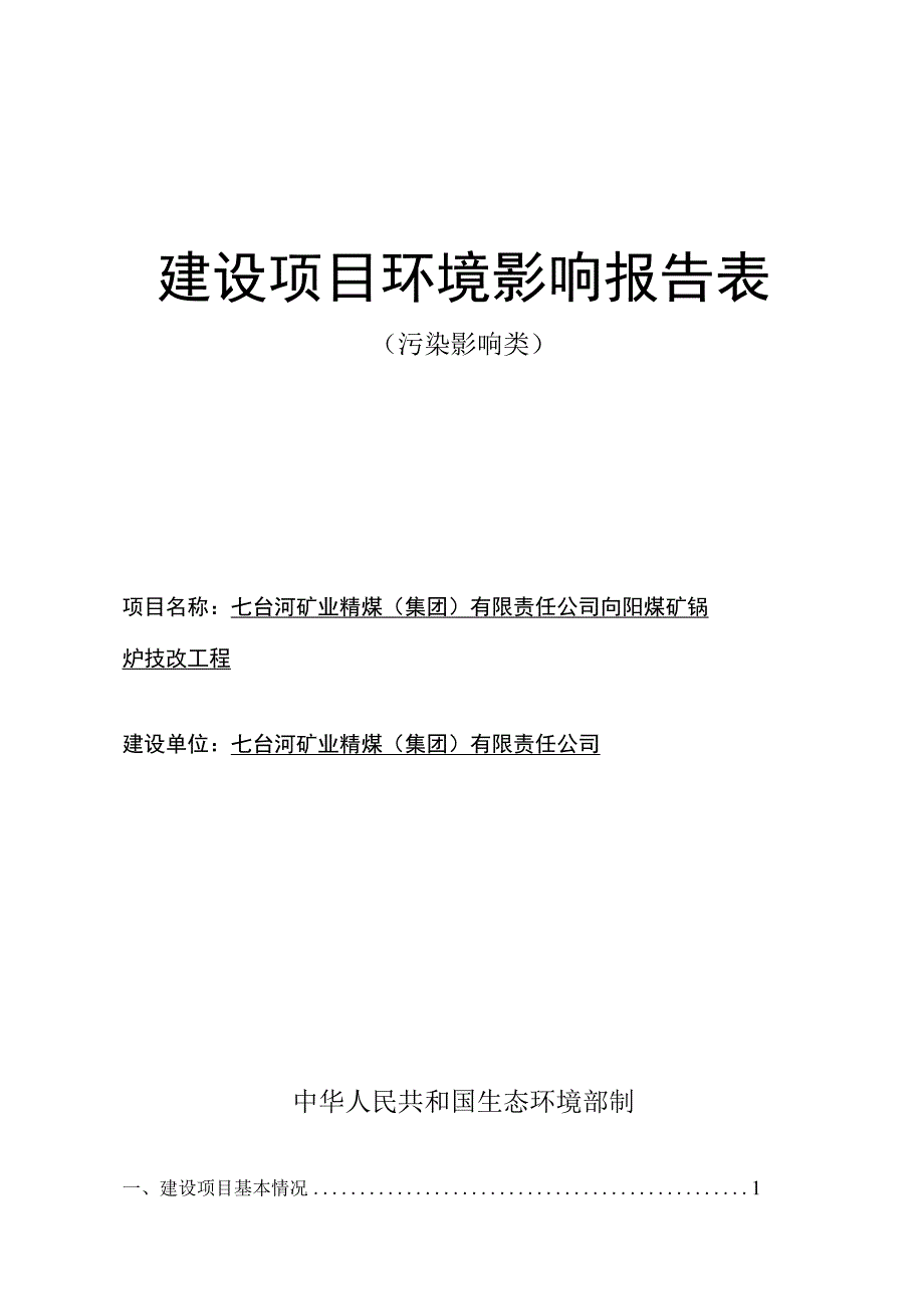 七台河矿业精煤（集团）有限责任公司向阳煤矿锅炉技改工程环评报告.docx_第1页