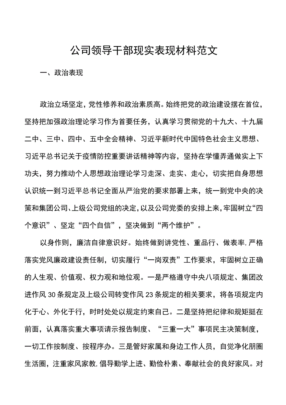 公司领导干部现实表现材料范文干部考察材料集团公司企业参考.docx_第1页