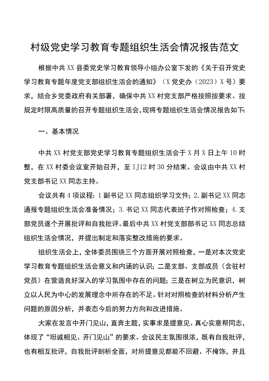 党史组织生活会情况报告村级党史学习教育专题组织生活会情况报告范文工作汇报总结(1).docx_第1页