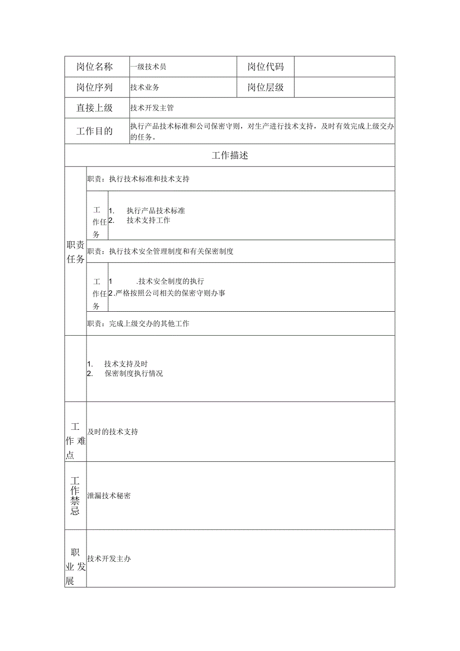 一级技术员--工业制造类岗位职责说明书.docx_第1页