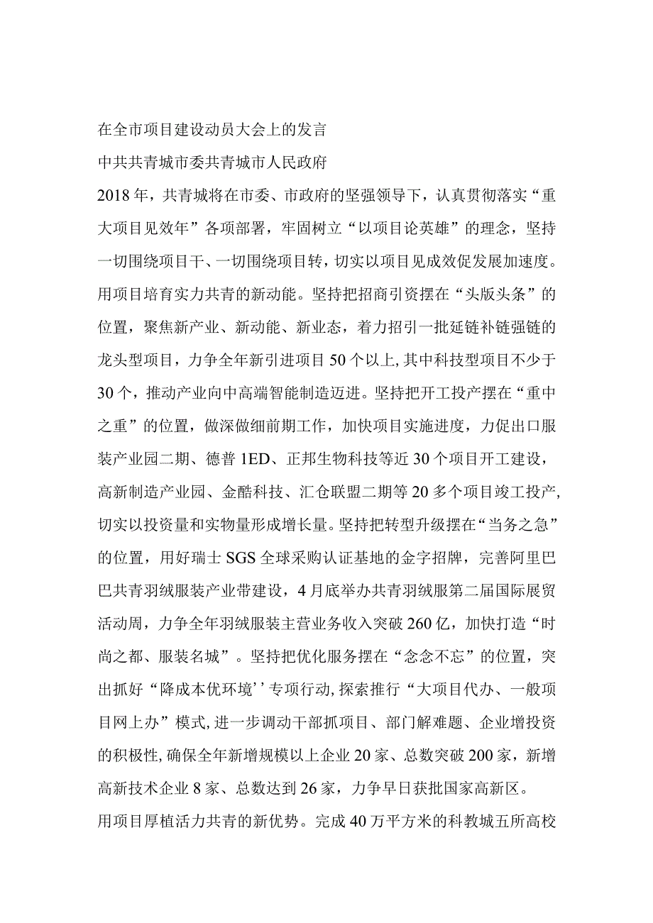 全市项目建设动员大会表态发言.docx_第1页