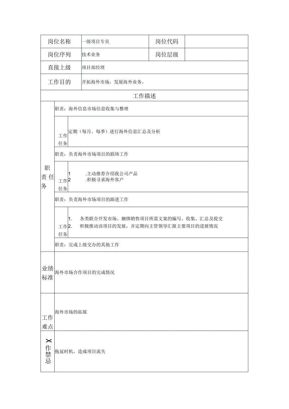 一级项目专员--工业制造类岗位职责说明书.docx_第1页