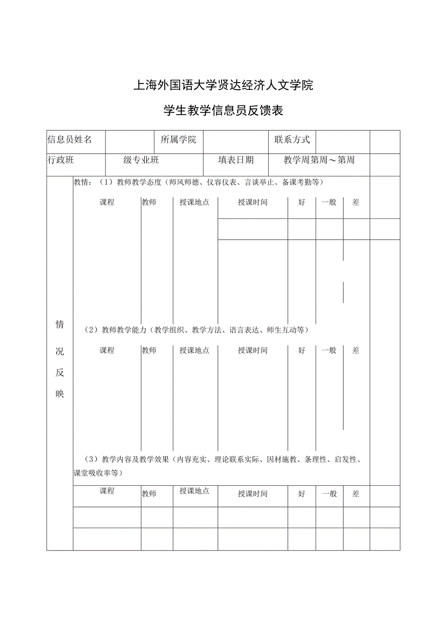 上海外国语大学贤达经济人文学院学生教学信息员反馈表.docx_第1页