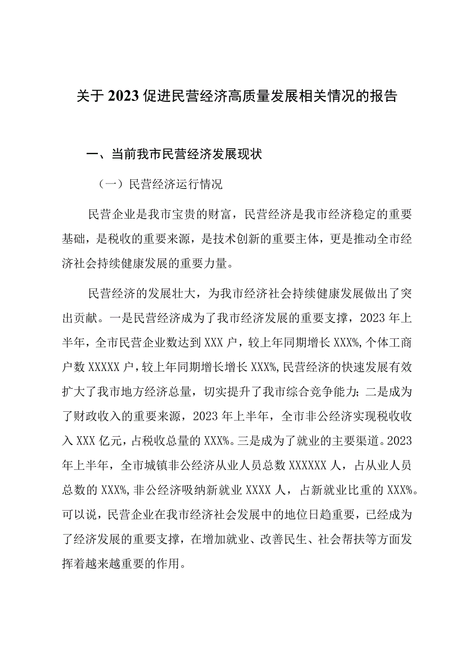 关于2023促进民营经济高质量发展相关情况的报告.docx_第1页