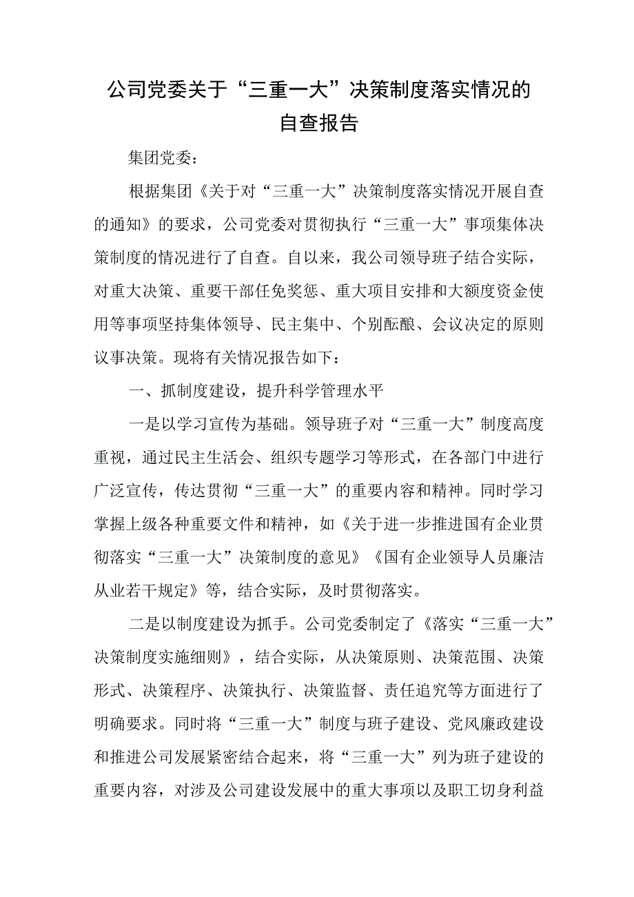 公司党委关于“三重一大”决策制度落实情况的自查报告.docx_第1页