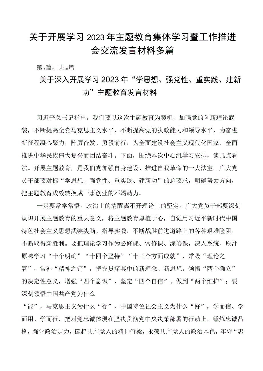 关于开展学习2023年主题教育集体学习暨工作推进会交流发言材料多篇.docx_第1页