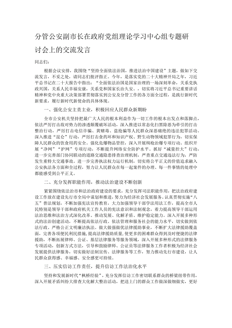 分管公安副市长在政府党组理论学习中心组专题研讨会上的交流发言.docx_第1页