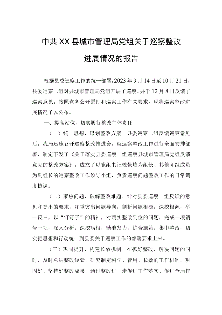 中共XX县城市管理局党组关于巡察整改进展情况的报告（20230802）.docx_第1页