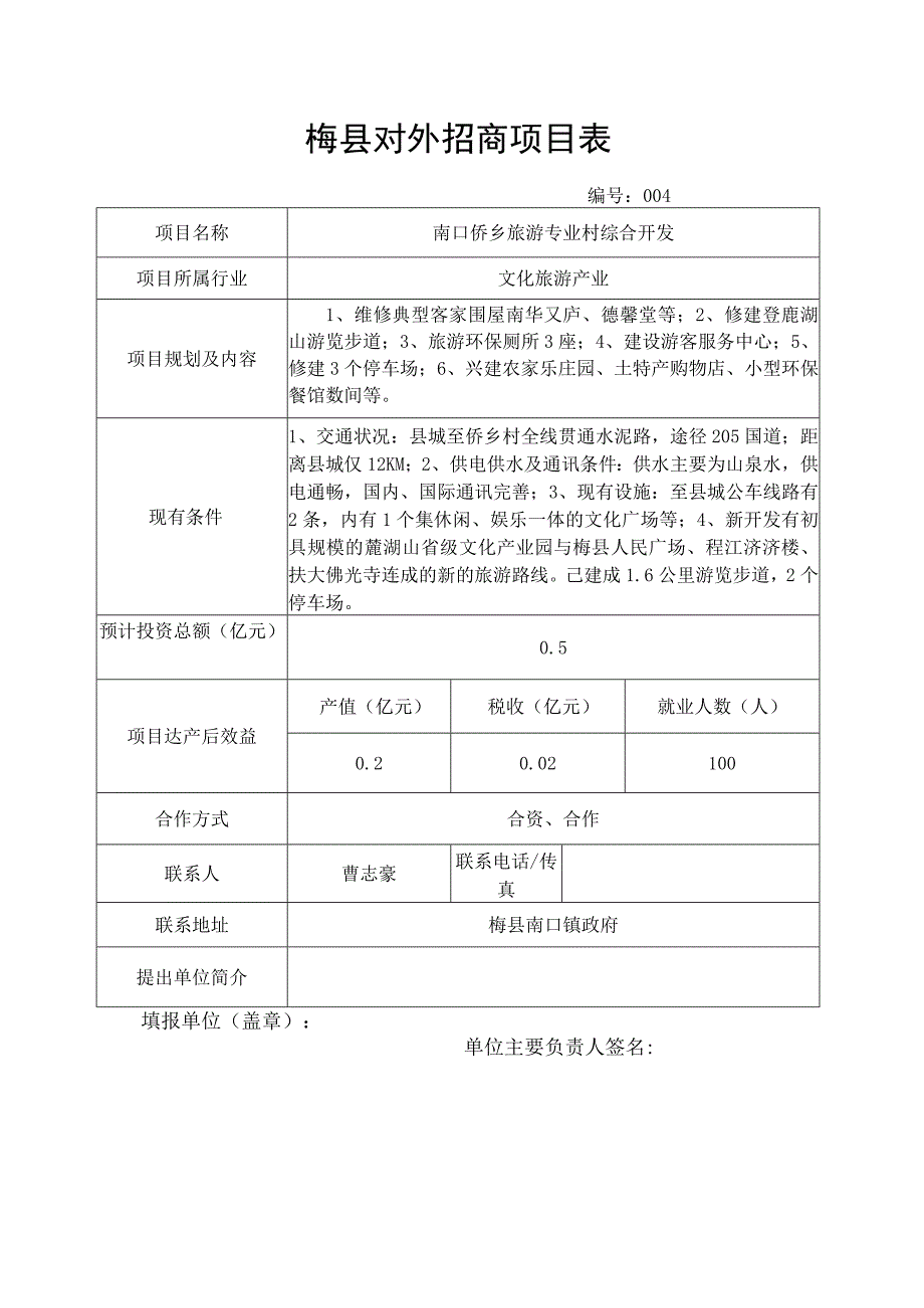 南口侨乡旅游专业村综合开发梅县对外招商项目表.docx_第1页