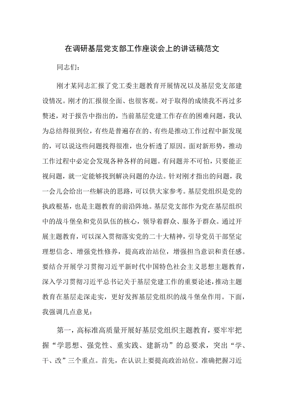 在调研基层党支部工作座谈会上的讲话稿范文.docx_第1页