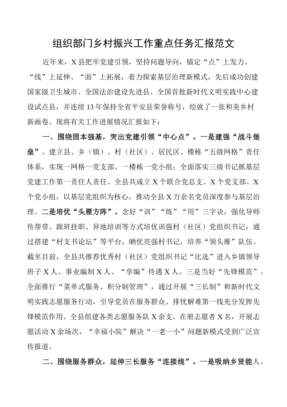 组织部门乡村振兴工作重点任务汇报经验材料总结报告.docx_第1页