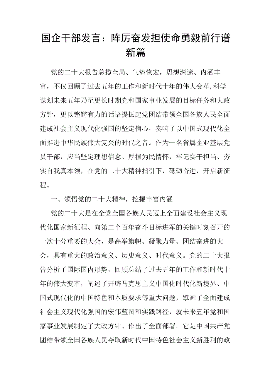 研讨发言：踔厉奋发担使命 勇毅前行谱新篇（国企）.docx_第1页