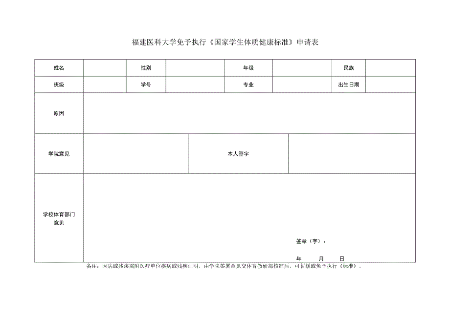 福建医科大学免予执行《国家学生体质健康标准》申请表.docx_第1页