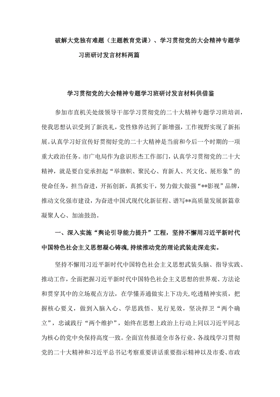 破解大党独有难题（主题教育党课）、学习贯彻党的大会精神专题学习班研讨发言材料两篇.docx_第1页